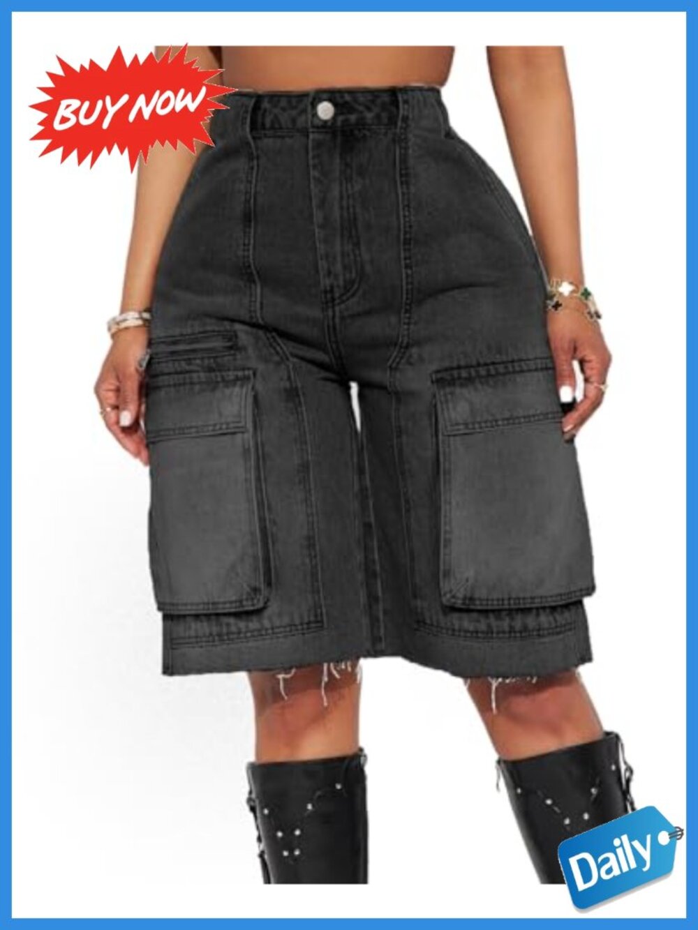 High Waist Denim Shorts Straight Leg Raw Hem Cotton Jean Shorts